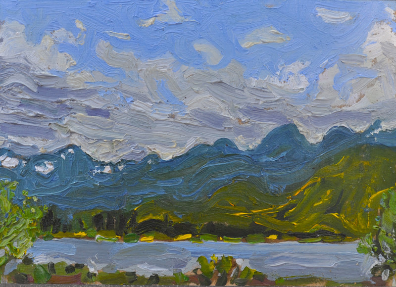 Raven Peak above Pitt River, 5x7 Oil on Birch panel
